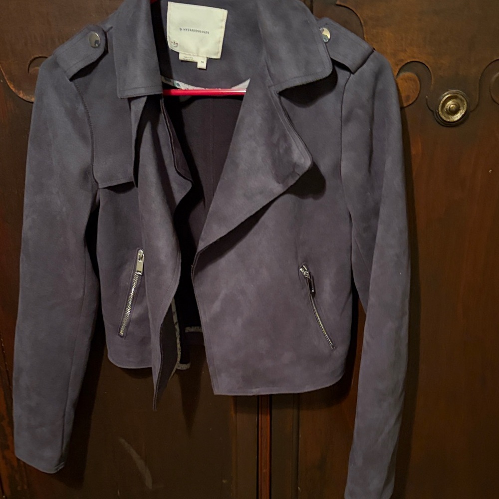 Anthropologie Suede Moto Jacket - Slate Gray Blue size Xs like new